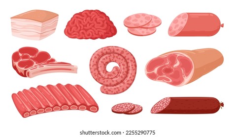 Cartoon raw meat. Pork ribs, beef steak and smoked bacon, meat food, ground beef and sausages flat vector illustration on white background