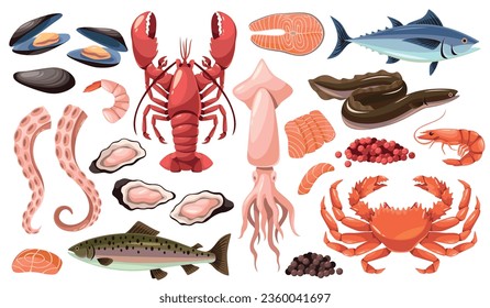 Cartoon raw sea food products. Marine and oceanic gourmet delicacies, fish and shellfish, phosphorus and omega 3 vitamins. Lobster and oyster mollusk, salmon and shrimp. Tidy vector set