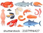 Cartoon raw seafood. Sea fish gourmet food, crayfish squid shrimp salmon crab trout shellfish, lobster dinner, ocean red meat recipe, healthy meal fresh tuna neat vector illustration