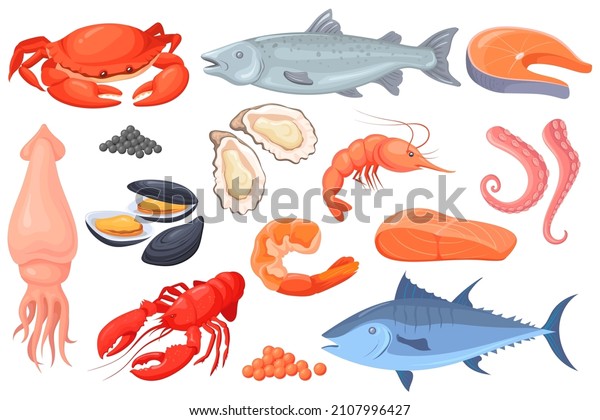 Cartoon\
raw seafood. Sea fish gourmet food, crayfish squid shrimp salmon\
crab trout shellfish, lobster dinner, ocean red meat recipe,\
healthy meal fresh tuna neat vector\
illustration