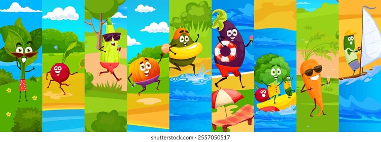 Cartoon raw vegetable characters collage of funny veggie on summer holiday, vector background. Cute vegetable characters at sea beach, cucumber on windsurf and broccoli with eggplant on banana boat