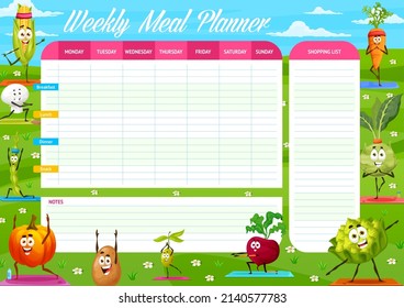 Cartoon Raw Vegetables Characters On Yoga, Weekly Meal Planner Schedule, Vector Organizer Check List. Food Plan For Week Or Calendar Diet Menu With Grocery Shopping List With Vegetables In Fitness