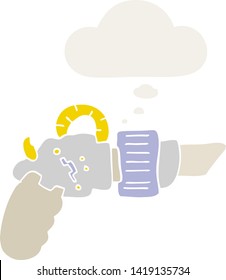 cartoon ray gun with thought bubble in retro style