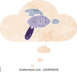 cartoon ray gun with thought bubble in grunge distressed retro textured style
