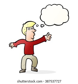 caricatura que llega al hombre con burbuja de pensamiento
