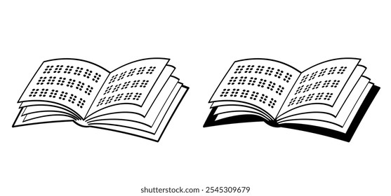 Dibujos animados leen libros en braille. Braille ciego por leer un libro. Día mundial del braille 4 de enero 4. Lenguaje de ceguera, letra visual, código braille o texto del alfabeto. Lectura de puntos tocando la mano y el dedo.