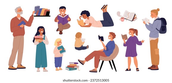 Lectores de caricaturas. La gente feliz lee libros. Amantes de la literatura. Aprendizaje de libros de texto. Proceso educativo. Los niños reciben nuevos conocimientos. Los hombres y las mujeres disfrutan de la novela