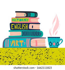 Cartoon reading card of books and cup of tea. Vector illustration. Bright colors. Used for colorful covers, in a stack, in a group, closed for web, library, store, study.