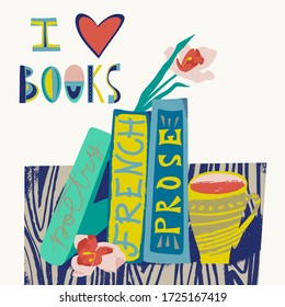 Cartoon reading card of books and cup of tea. Vector illustration. Bright colors. Used for colorful covers, in a stack, in a group, closed for web, library, store, study.