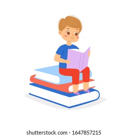 Cartoon reading kid, setting on stack of books. European smiling boy loving to read books, enjoying literature and study. Cute little smart pupil isolated on white background. Vector illustration