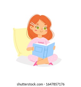 Cartoon reading kid sitting with book on her hands. European smiling girl loving to read books, enjoying literature and study. Cute little smart pupil isolated on white background vector illustration