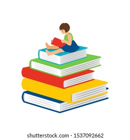 Cartoon reading little girl. Clever happy girl kid sitting on books pile and read, preschool learning book vector concept