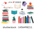 Cartoon reading set of hadrdrawn books. Vector illustration for reading lovers with open books, piles, colorful covers, in a stack, in a group, closed for web, library, store, study.