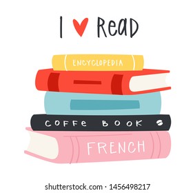 Cartoon reading set of hadrdrawn books. Vector illustration for reading lovers with open books, piles, colorful covers, in a stack, in a group, closed for web, library, store, study.