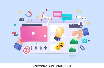 Ilustración 3D de realismo de caricaturas con pantalla y objetos Optimización de Seo, tecnología comercial de marketing, análisis de datos, investigación de sitios web. Banner de desarrollo con diseño de representación 3d. Diseño de vectores Seo