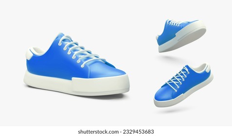 Cartoon realistic 3d gumshoes in various positions. Modern poster with sneakers for store selling sporty shoes. Vector design in blue and white colors in cartoon style