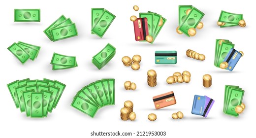 Cartoon realistic 3d money in different positions - falling, in stack, piles. Green banknotes (money bills), medal golden coins and plastic bank (credit) card. Vector illustration of cash, earnings. 
