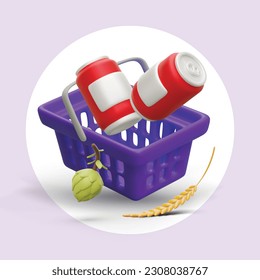 Cartoon realistic 3d shopping basket with two cans of beer, hops and barley. Buying drinks at supermarket concept. Colorful vector illustration in purple and red colors