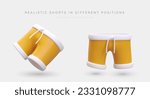 Cartoon realistic 3d shorts in different positions. Product for company selling clothes, shorts models for advertising poster. Vector illustration in yellow color