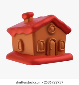 Cartoon realistic chocolate gingerbread house isolated on white background. Vector 3d sweet dessert decoration in modern bright style.