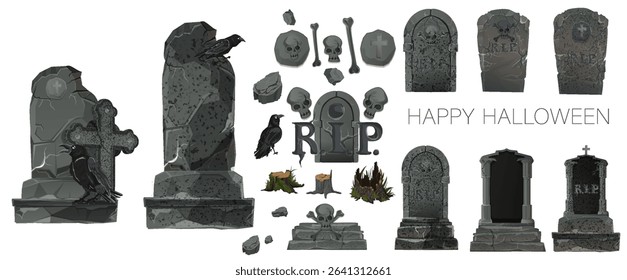 Cartoon realistic graveyard tombstones. Medieval stone tombstone crosses. A crypt for Halloween. Elements of old Gothic tombstones. Tombstone obelisks.