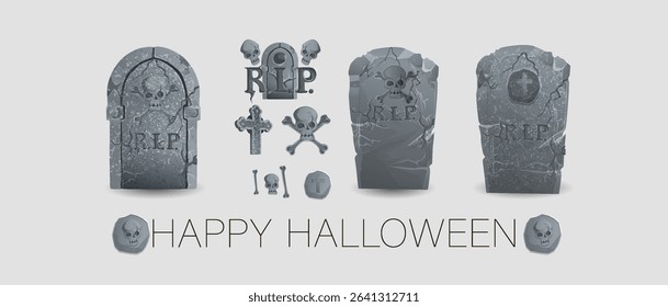 Cartoon realistic graveyard tombstones. Medieval stone tombstone crosses. A crypt for Halloween. Elements of old Gothic tombstones. Tombstone obelisks.