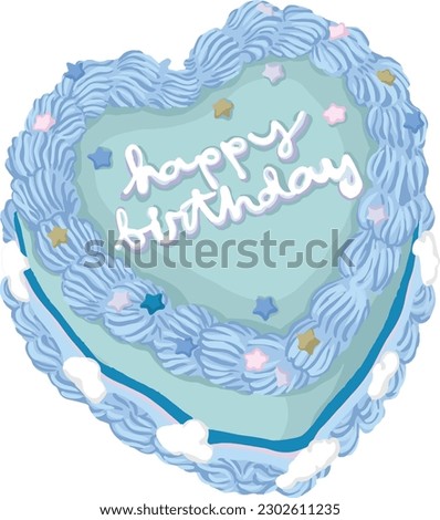 Cartoon realistic heart cake. Heart shape blue delicious birthday cake with stars cream decoration flat vector illustration. Design for logo, Birthday cards, banners, backgrounds. 