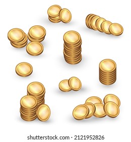 Cartoon realistic metal coin pile. Stack of golden coins in different positions with shadow. Cash heap isolated on white background. Isometric vector Illustration EPS 10.