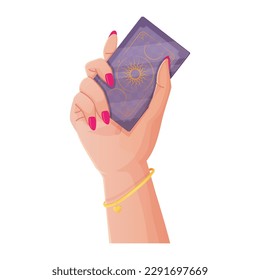 Cartoon Realistic Style Fortune Teller Hand with Tarot Card, Pink Manicure, and Golden Bracelet. This image is perfect for designs related to divination, tarot reading, mysticism, and spiritualism.