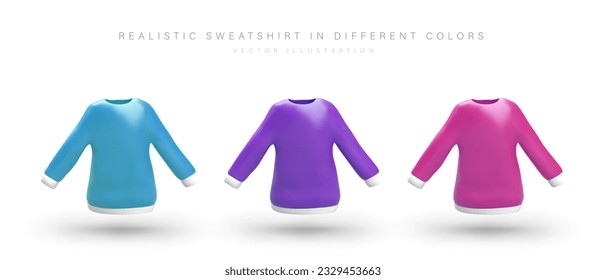 Cartoon realistic sweatshirt in different colors. Poster for sport clothes store for females. Sportswear and warm clothes concept. Vector design in blue, purple and pink colors in 3d style