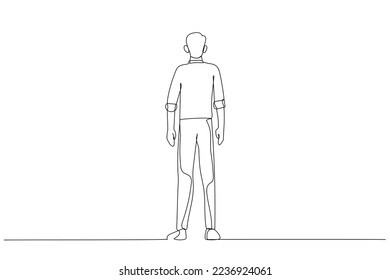 Cartoon of rear view of businessman suit looking at cityscape. One line art style
