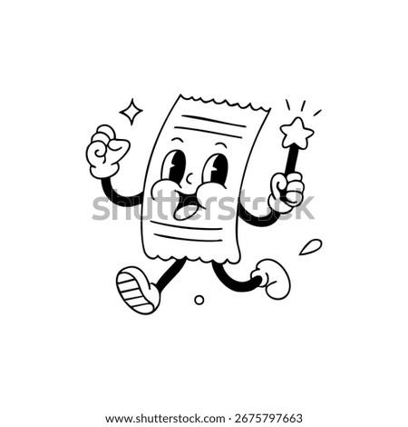 Cartoon receipt with star wand, running and happy