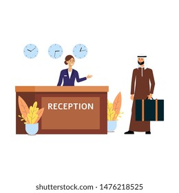 Cartoon Receptionist Welcoming A Guest At Hotel Check In Desk, Muslim Business Man At Reception Getting A Room, Woman In Uniform And Arab Man Isolated Flat Vector Illustration On White Background