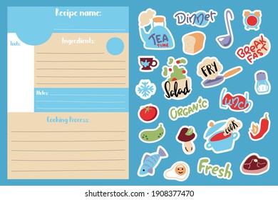 Cartoon Recipe Card Template And Food Cooking Stickers. Cook Book Page Vertical Format A5 Size. Kids Cooking Class Recipe Template With Lettering Icons And Text Place. Kitchen Card For Bullet Journal 