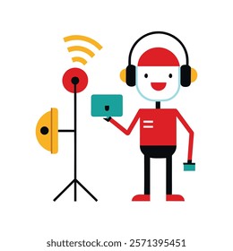 cartoon, recording, studio, figure, headphones, microphone, script, cheerful, collaboration, modern, equipment, wireless, communication, minimal, background, music, stand, teal, red, creative, atmosph