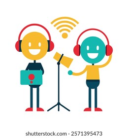 cartoon, recording, studio, figure, headphones, microphone, script, cheerful, collaboration, modern, equipment, wireless, communication, minimal, background, music, stand, teal, red, creative, atmosph