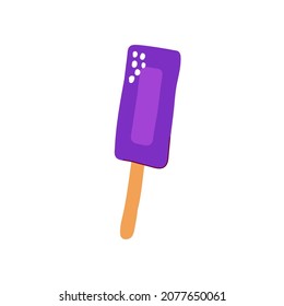 Cartoon rectangular candy on a stick. Lollipop isolated on white background. Hand-drawn purple sweet dessert with wrapping for kids party, Easter, birthday. Vector kawaii trick or treat illustration