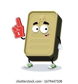 cartoon rectangular tin can character mascot with the number 1 one sports fan hand glove on a white background