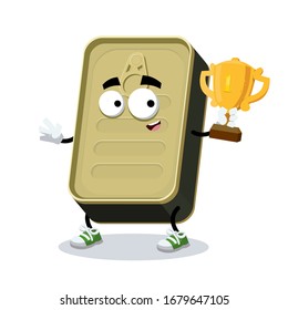 cartoon rectangular tin can mascot holds the number one cup on white background