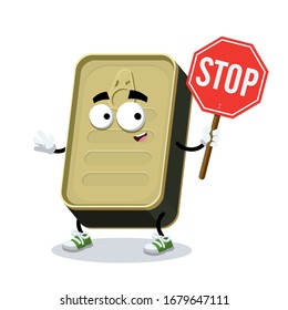 cartoon rectangular tin can mascot with tablet stop in hand on white background