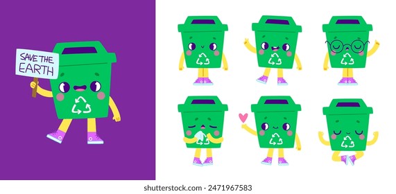 Cartoon recycling bin mascot. Cute green container ecological character emotion set. Childish eco friendly mascot.