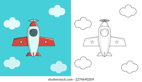Cartoon red airplane. Coloring page and colorful clipart character. Cute design for t shirt print, icon, logo, label, patch or sticker. Vector illustration.