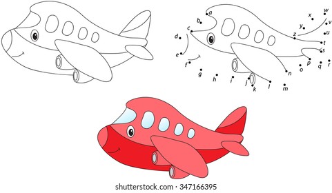 Cartoon red airplane. Vector illustration. Coloring and dot to dot educational game for kids