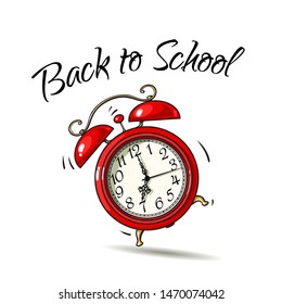 Cartoon red alarm clock ringing. Back to School text. Sketch style hand drawn vector illustration isolated on white background.