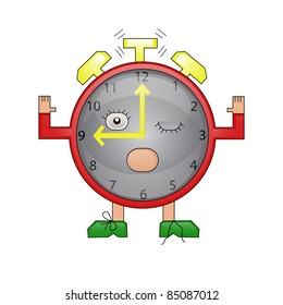 Cartoon red alarm clock rings and wakes up (isolated character) (eps10)