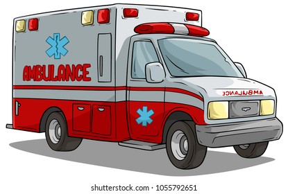 Cartoon red ambulance emergency car or truck with text label and medicine sign. Isolated on white. Vector icon.