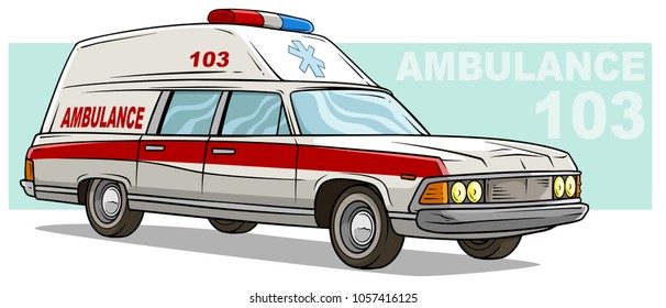 Cartoon red ambulance emergency old retro long carwith text label and medicine sign. Isolated on white. Vector icon.
