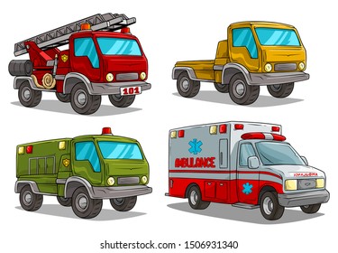 Cartoon red ambulance, rescue fire department truck with water hosepipe, green military army police and big cargo truck. Isolated on white background. Vector icon set.