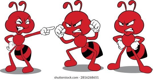 Cartoon red ant character in three angry aggressive poses: pointing, fist up, and standing with hands on hips. Red body with black stripes and expressive face. Perfect for children's illustrations, comics, stickers, educational materials, and insect-themed designs.