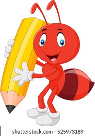 Cartoon red ant holding pencil 